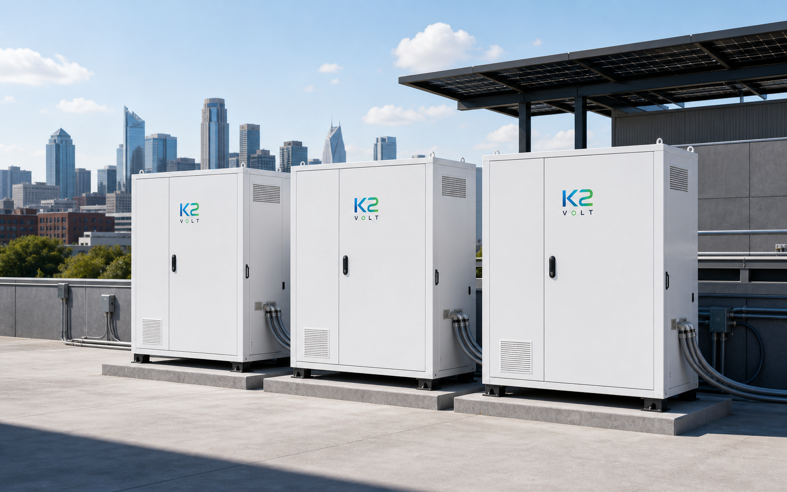 K2VOLT commercial battery cabinets at a modern American facility