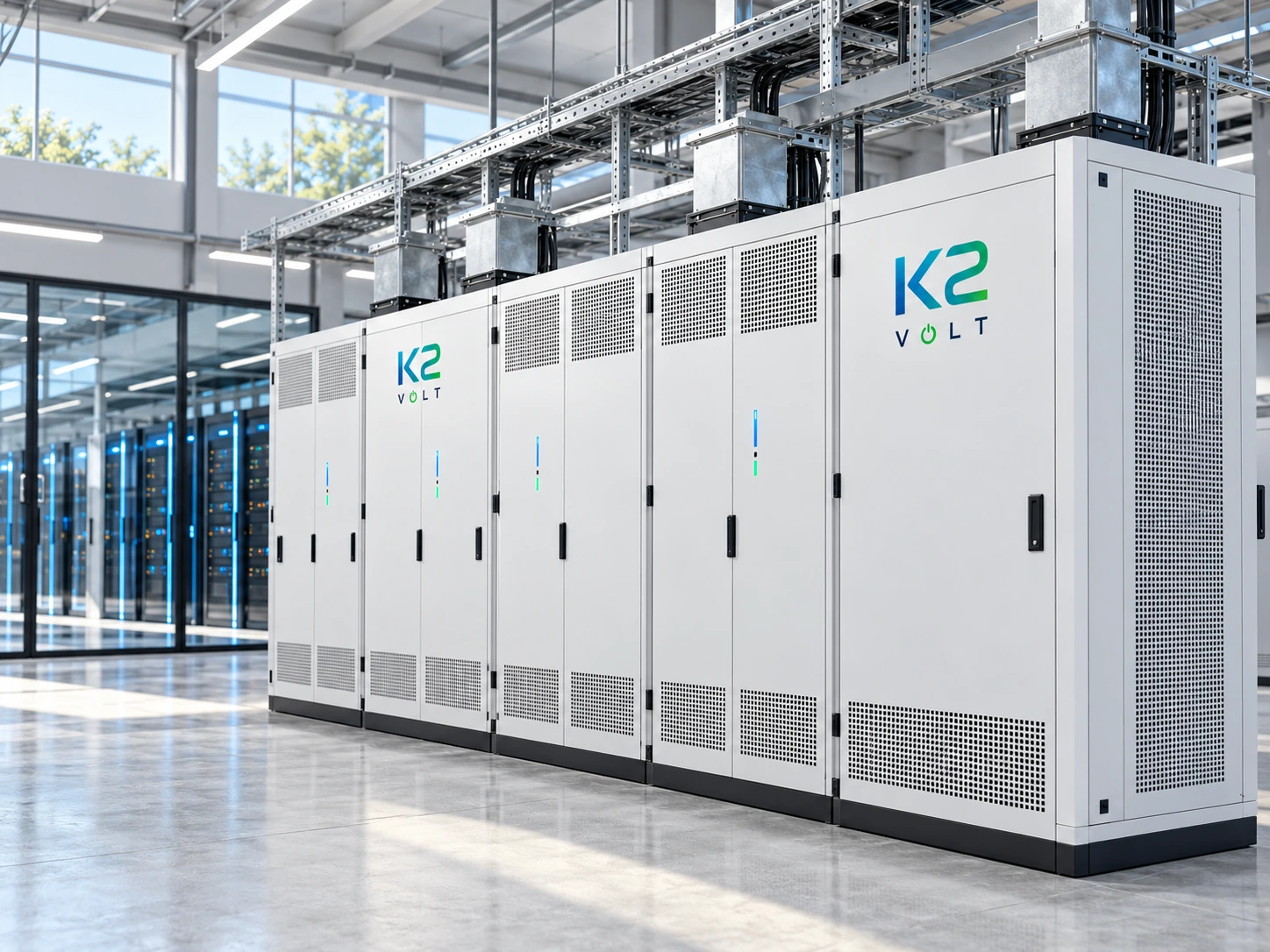 K2VOLT modular battery-backed power infrastructure for an American AI data center — application concept visualization