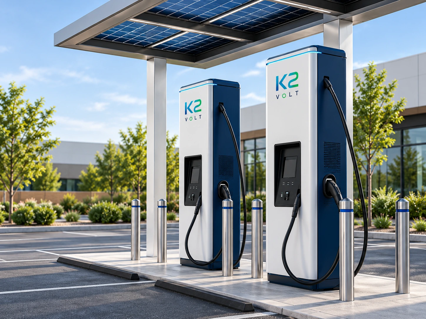 K2VOLT battery-integrated EV fast-charging infrastructure at an American commercial site — application concept visualization