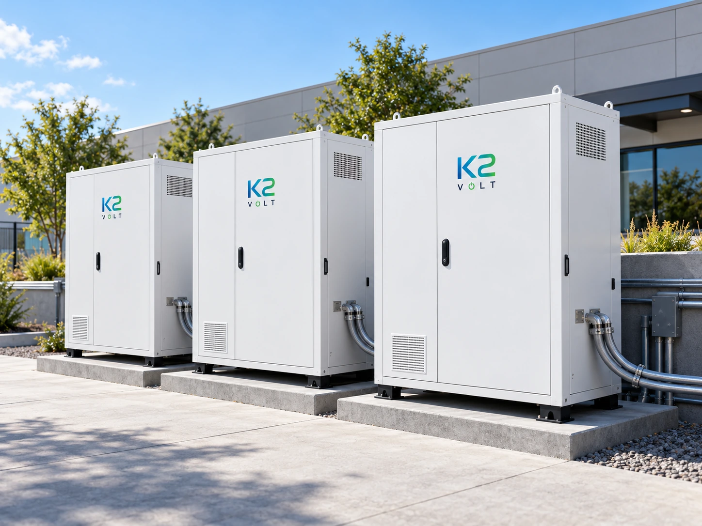 K2VOLT commercial battery cabinets at a modern American facility — application concept visualization