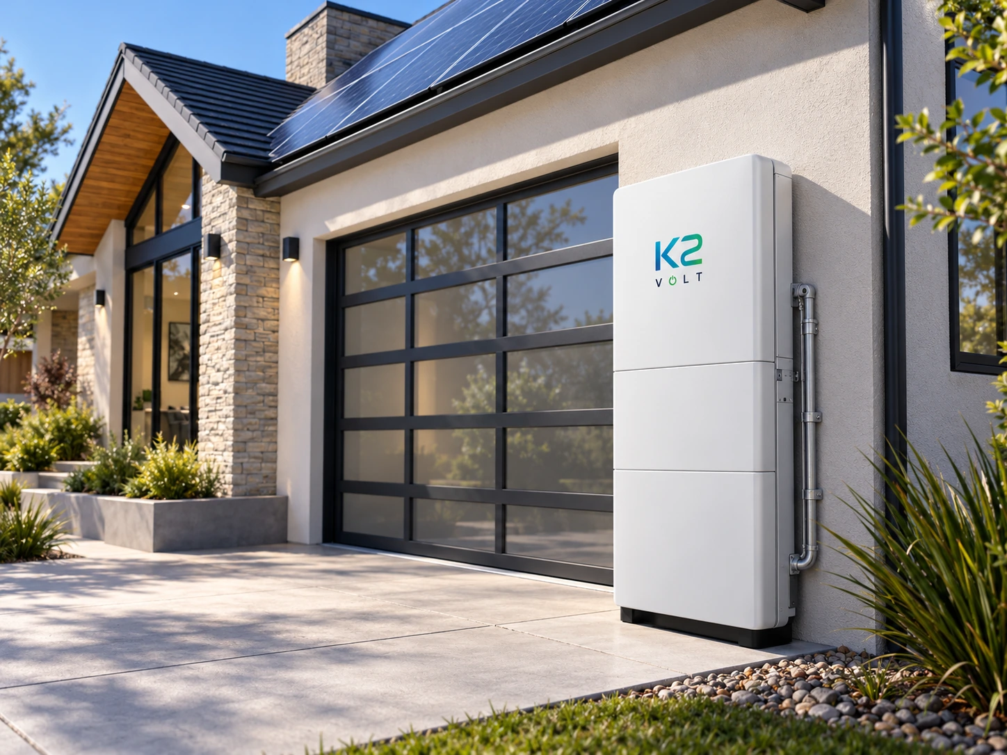 K2VOLT residential battery at a solar-powered American home — application concept visualization